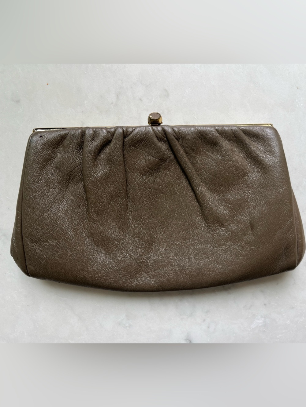 Vintage Olive Green Brown Leather Clutch / Shoulder Bag m with Brass Chain